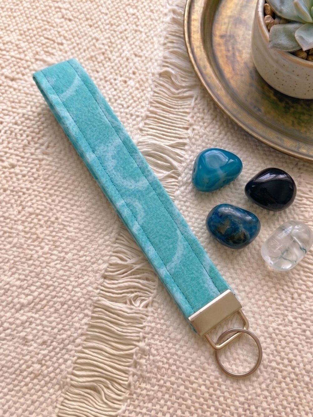 New Handmade Teal Green Batik Circle Print Fabric Key Fob Wristlet